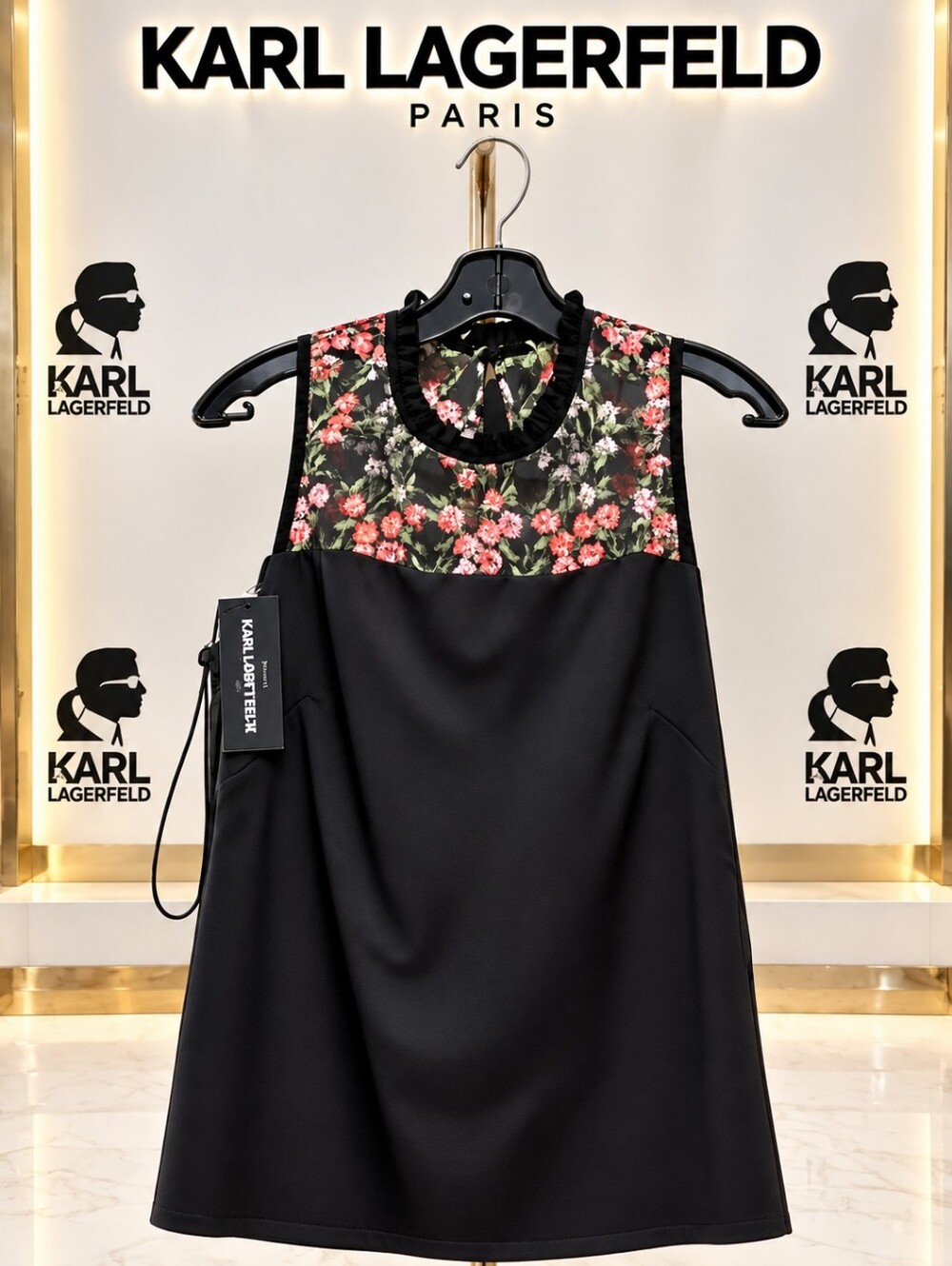 Karl Lagerfeld Black Dress with Pink Orangr and Green Floral Lace Yoke